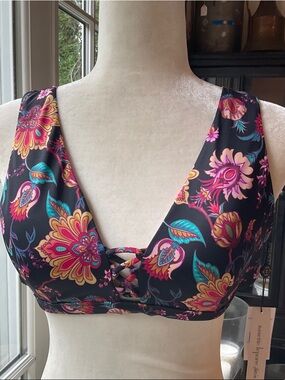 Nanette Lepore Swim Floral Lace-Up Bikini Top in Black with Rose Gold Accents